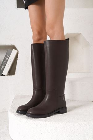 Kadın Poter Düz Tabanlı Tokalı Çizme - Kahve-Deri