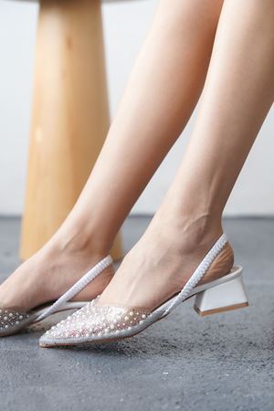 Kadın Petra Kısa Topuklu Taşlı Ayakkabı - Düz-Beyaz