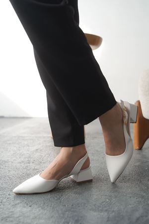 Kadın Efect Tokalı Kısa Topuklu Ayakkabı - Beyaz-Rugan