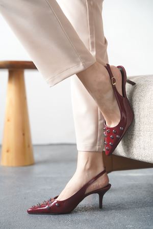 Kadın Volate Troklu Kısa Topuklu Ayakkabı - Bordo-Rugan