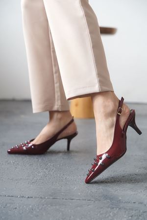 Kadın Volate Troklu Kısa Topuklu Ayakkabı - Bordo-Rugan