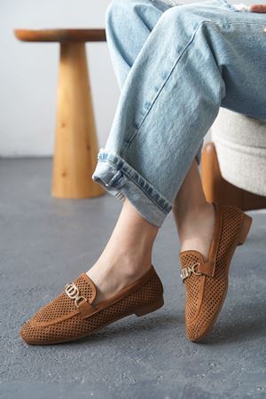 Kadın Celtic Tokalı Düz Babet - Taba Süet