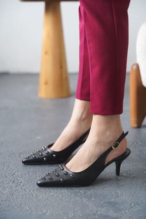 Kadın Volate Troklu Kısa Topuklu Ayakkabı - siyah-deri