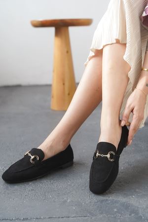 Kadın Nicol Tokalı Düz Babet - Siyah Süet