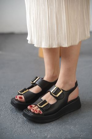 Kadın Zero Tokalı Kalın Tabanlı  Sandalet - siyah-deri