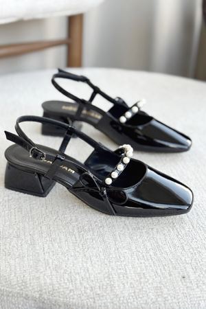 Kadın Maste İncili Kısa Topuklu Ayakkabı - siyah-rugan