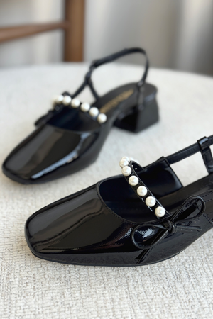 Kadın Maste İncili Kısa Topuklu Ayakkabı - siyah-rugan