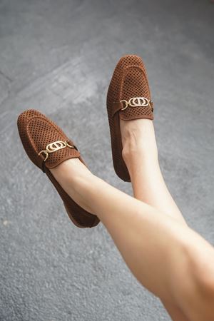 Kadın Celtic Tokalı Düz Babet - Kahve-Süet