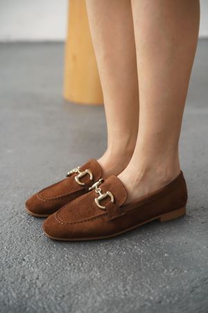 Kadın Nicol Tokalı Düz Babet - Kahve-Süet