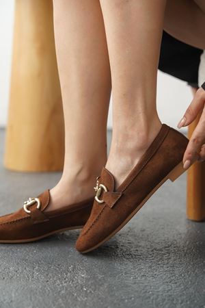 Kadın Nicol Tokalı Düz Babet - Kahve-Süet