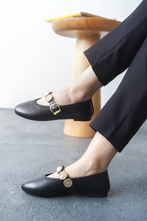 Kadın Venily Pullu Düz Babet - siyah-deri