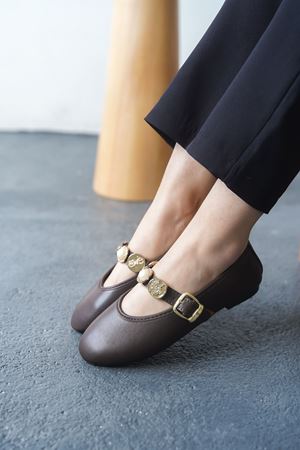 Kadın Venily Pullu Düz Babet - Kahve-Deri