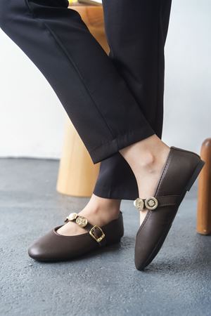 Kadın Venily Pullu Düz Babet - Kahve-Deri