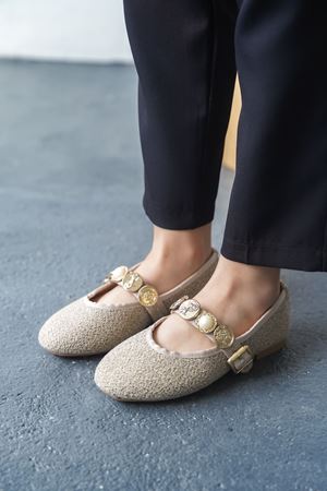 Kadın Venily Pullu Düz Babet - Ten