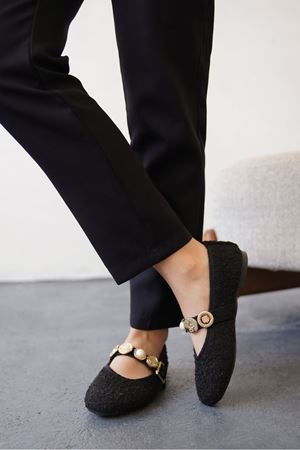 Kadın Venily Pullu Düz Babet - Siyah