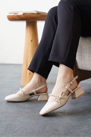 Kadın Maste İncili Kısa Topuklu Ayakkabı - Ten Deri