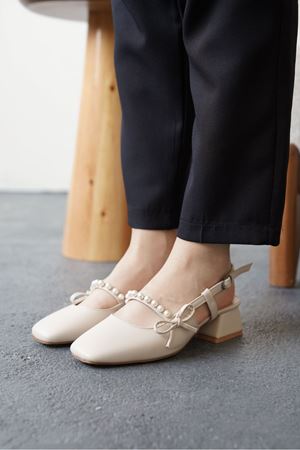 Kadın Maste İncili Kısa Topuklu Ayakkabı - Ten Deri