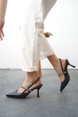 Kadın Simao Taşlı Topuklu Ayakkabı  - siyah-deri