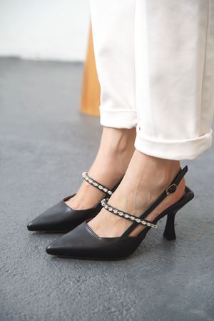 Kadın Simao Taşlı Topuklu Ayakkabı  - siyah-deri