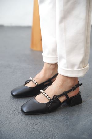 Kadın Maste İncili Kısa Topuklu Ayakkabı - siyah-deri