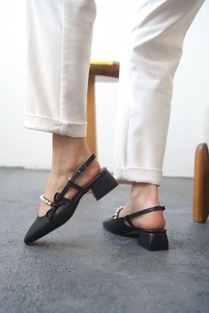 Kadın Maste İncili Kısa Topuklu Ayakkabı - siyah-deri