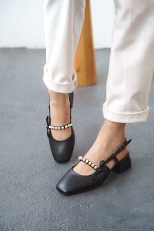 Kadın Maste İncili Kısa Topuklu Ayakkabı - siyah-deri