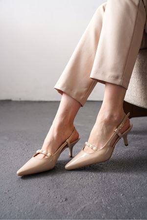 Kadın Justin İncili Kısa Topuklu Ayakkabı - Ten-Rugan