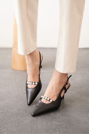 Kadın Justin İncili Kısa Topuklu Ayakkabı - siyah-deri