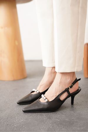 Kadın Justin İncili Kısa Topuklu Ayakkabı - siyah-deri