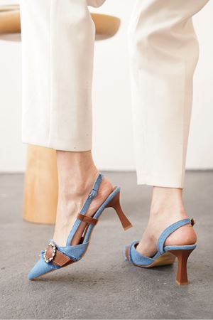 Kadın Nero Kot Taşlı  Topuklu Ayakkabı - Açık Kot