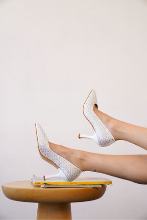 Kadın Roday Taşlı Topuklu Stiletto Ayakkabı  - Beyaz