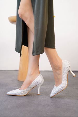 Kadın Roday Taşlı Topuklu Stiletto Ayakkabı  - Beyaz