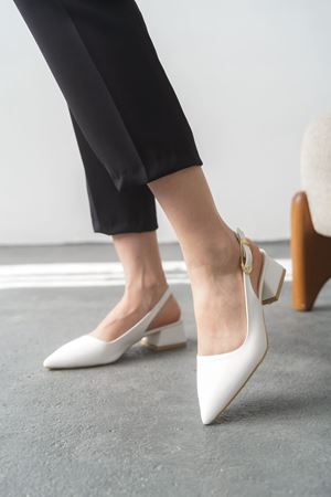 Kadın Mely Tokalı Kısa Topuklu Ayakkabı - Beyaz-Deri