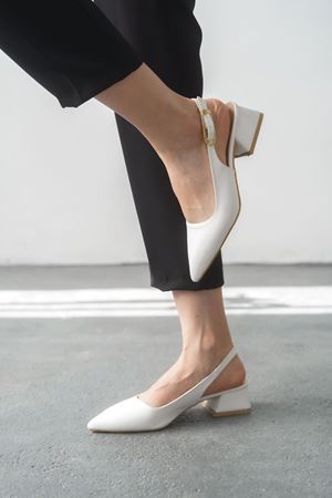 Kadın Mely Tokalı Kısa Topuklu Ayakkabı - Beyaz-Deri