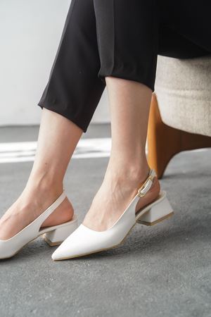 Kadın Mely Tokalı Kısa Topuklu Ayakkabı - Beyaz-Deri