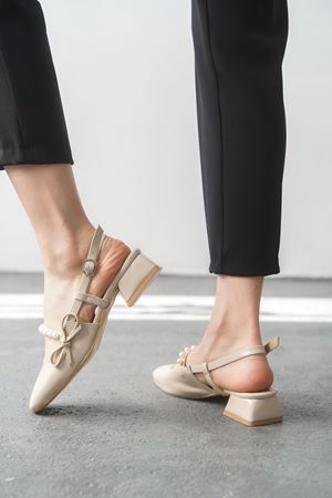 Kadın Maste İncili Kısa Topuklu Ayakkabı - Ten-Rugan