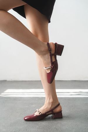 Kadın Maste İncili Kısa Topuklu Ayakkabı - Bordo-Rugan