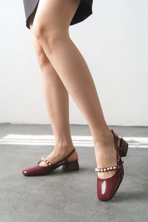 Kadın Maste İncili Kısa Topuklu Ayakkabı - Bordo-Rugan