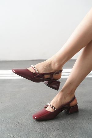 Kadın Maste İncili Kısa Topuklu Ayakkabı - Bordo-Rugan