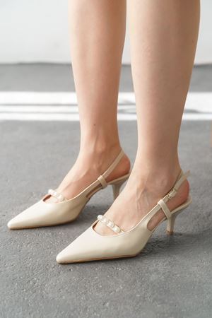 Kadın Justin İncili Kısa Topuklu Ayakkabı - Ten Deri