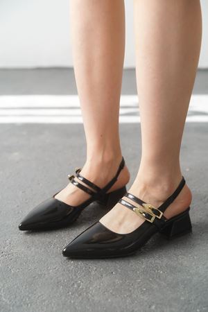 Kadın Gray Tokalı Kısa Topuk Ayakkabı - siyah-rugan