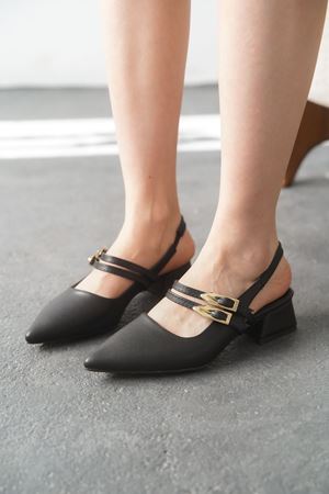 Kadın Gray Tokalı Kısa Topuk Ayakkabı - siyah-deri