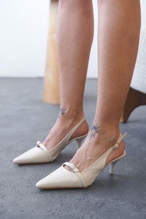 Kadın Deplay Tokalı Kısa Topuklu Ayakkabı - Ten Deri