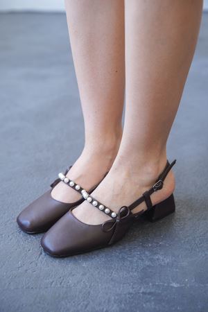 Kadın Maste İncili Kısa Topuklu Ayakkabı - Kahve-Deri