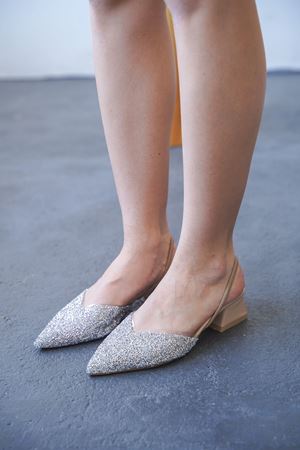 Kadın Enju Kısa Topuklu Cam Kırığı Taşlı Ayakkabı - Nude