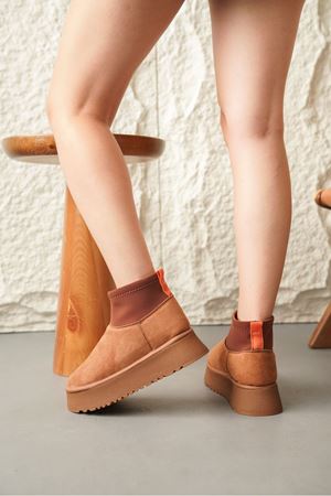 Kadın Royal Streç Kısa Bot - Taba Süet