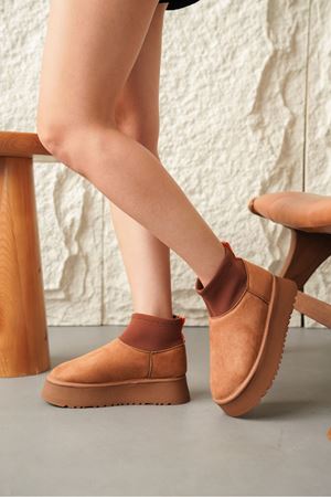 Kadın Royal Streç Kısa Bot - Taba Süet