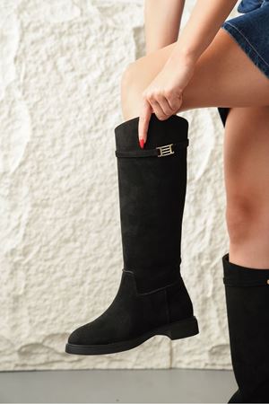 Kadın Nantes Düz Tabanlı Tokalı Çizme - Siyah Süet