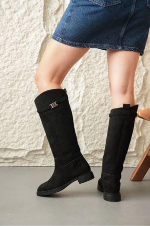 Kadın Nantes Düz Tabanlı Tokalı Çizme - Siyah Süet