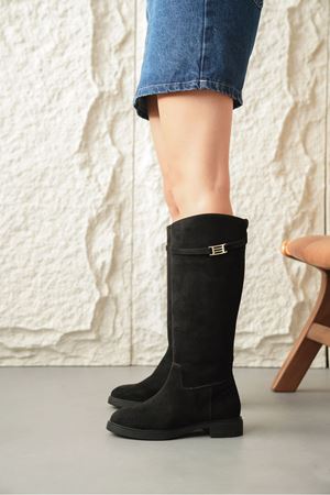 Kadın Nantes Düz Tabanlı Tokalı Çizme - Siyah Süet